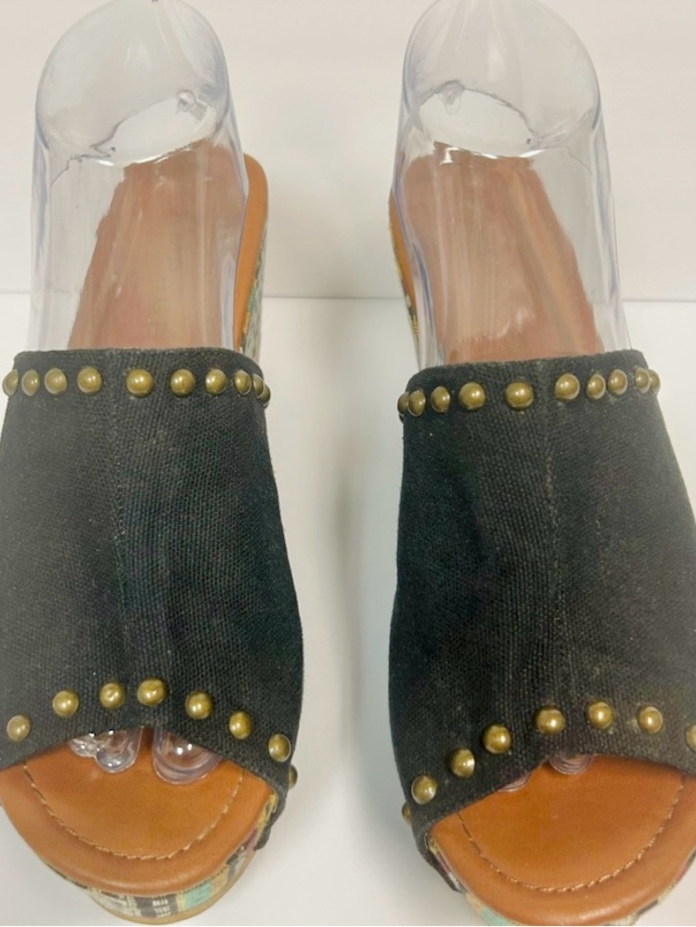 Rampage Wedge Sandals Women 9 Black Studded Platform Boho Chunky (fits small)